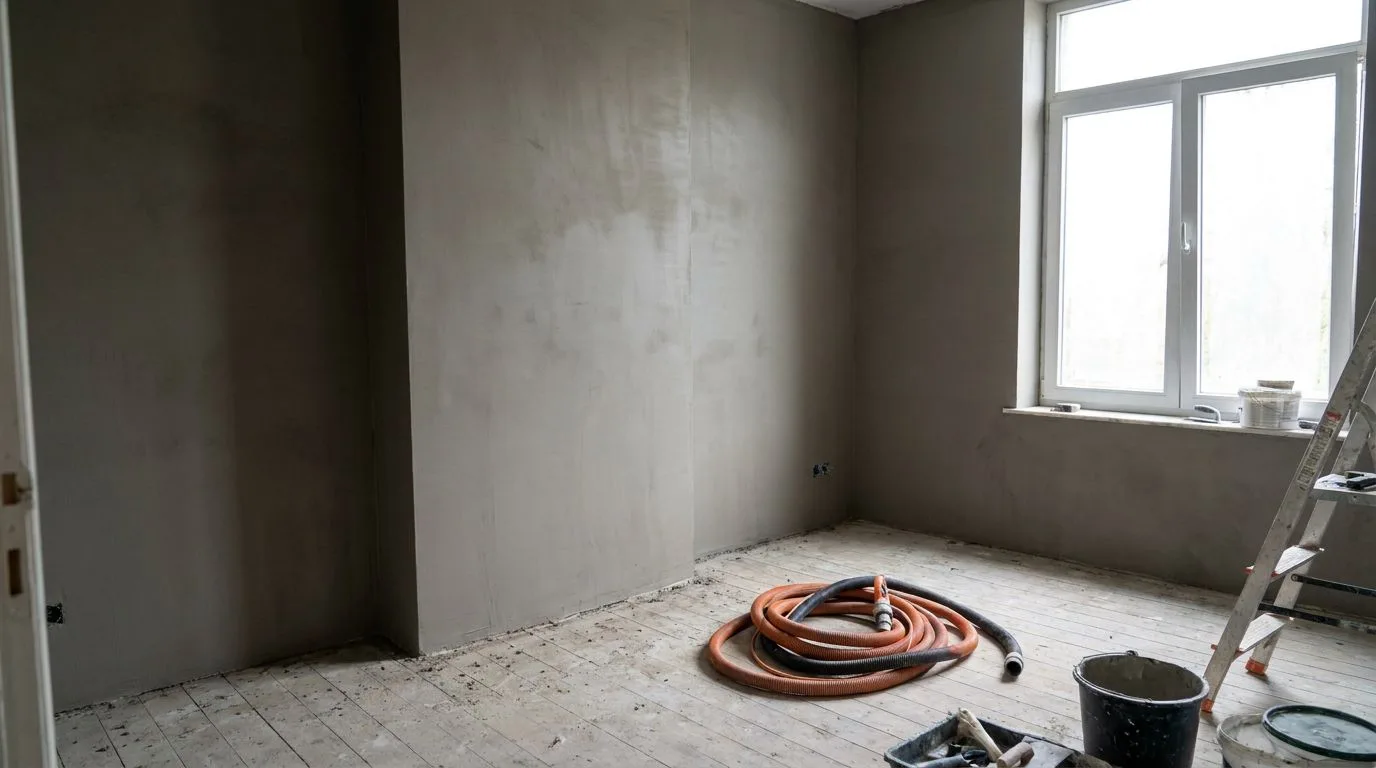 Kamer in uitvoering met een gladde grijze raaplaag op de muren en de slang van de pleistermachine op de vloer