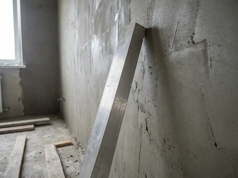 Binnenmuur met een verse grijze raaplaag, machinaal gespoten, met de rei ertegen