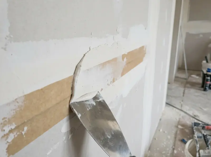 Naad tussen gyprocplaten die met een brede plamuurmes wordt gevuld, papieren band zichtbaar