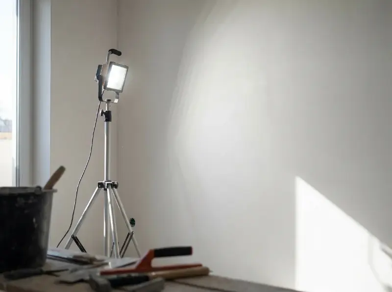 Werflamp die een afgewerkte muur in strijklicht zet tijdens het nazicht