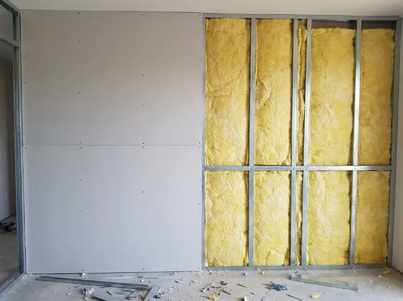 Gyprocwand half geplaatst op metalen profielen met isolatie ertussen