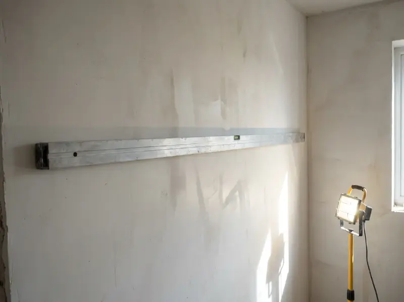 Rei van twee meter tegen een gepleisterde muur om de vlakheid te controleren, strijklicht erlangs